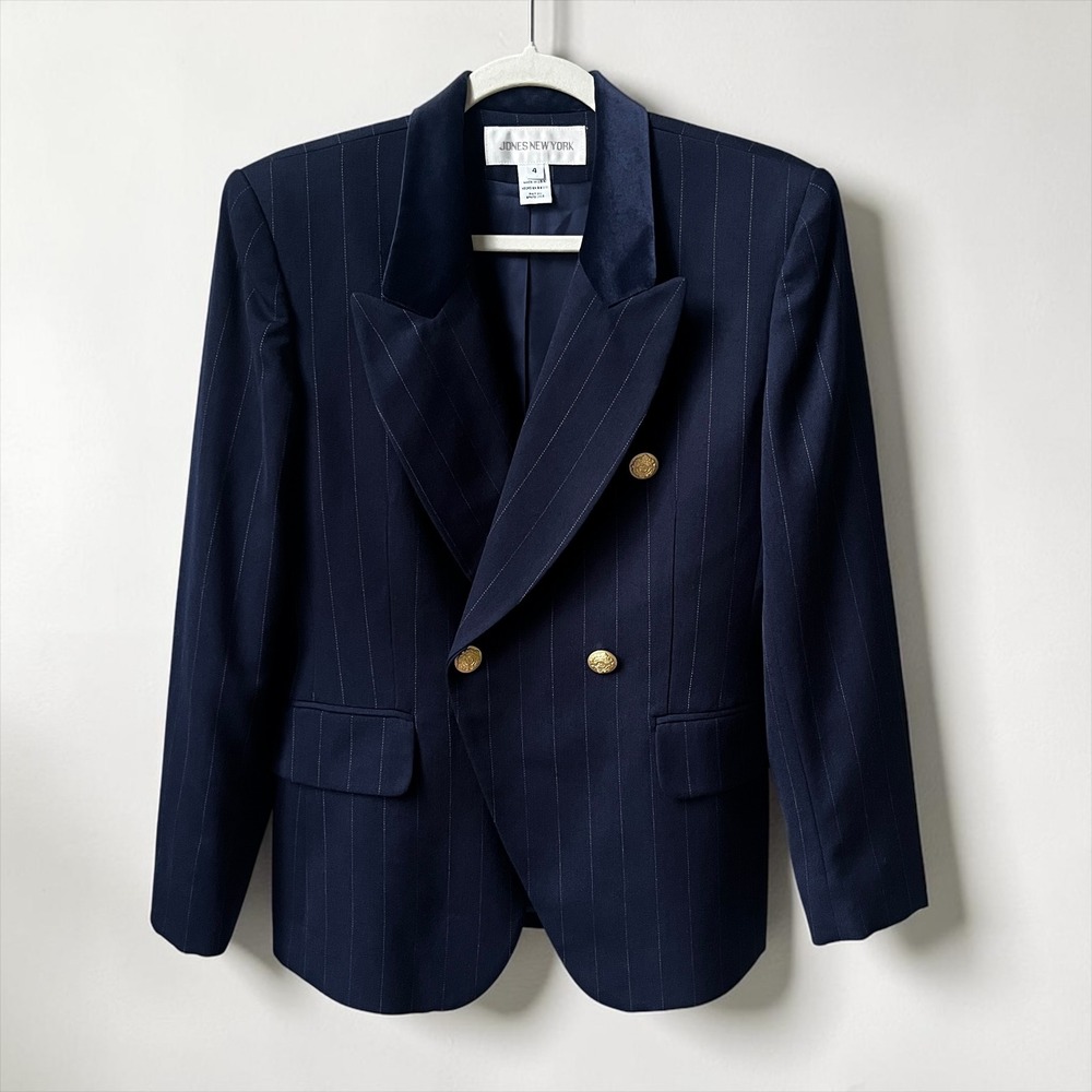 Vintage Blazer Women's 4 Navy Blue Pinstripe Double Breasted Velvet 90s Preppy